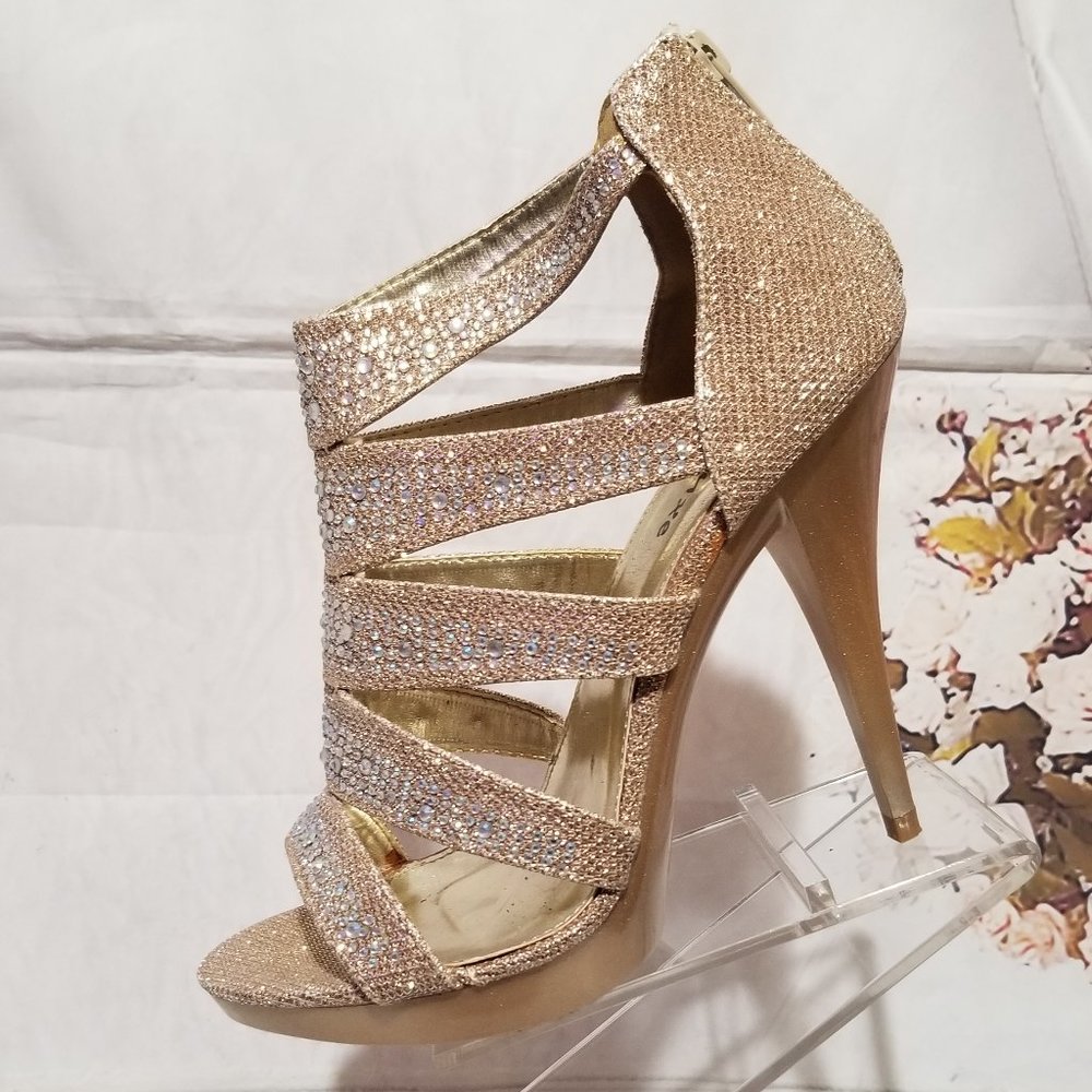 SOFT GOLD RHINESTONE HIGH HEEL SANDALS SIZE 8.5